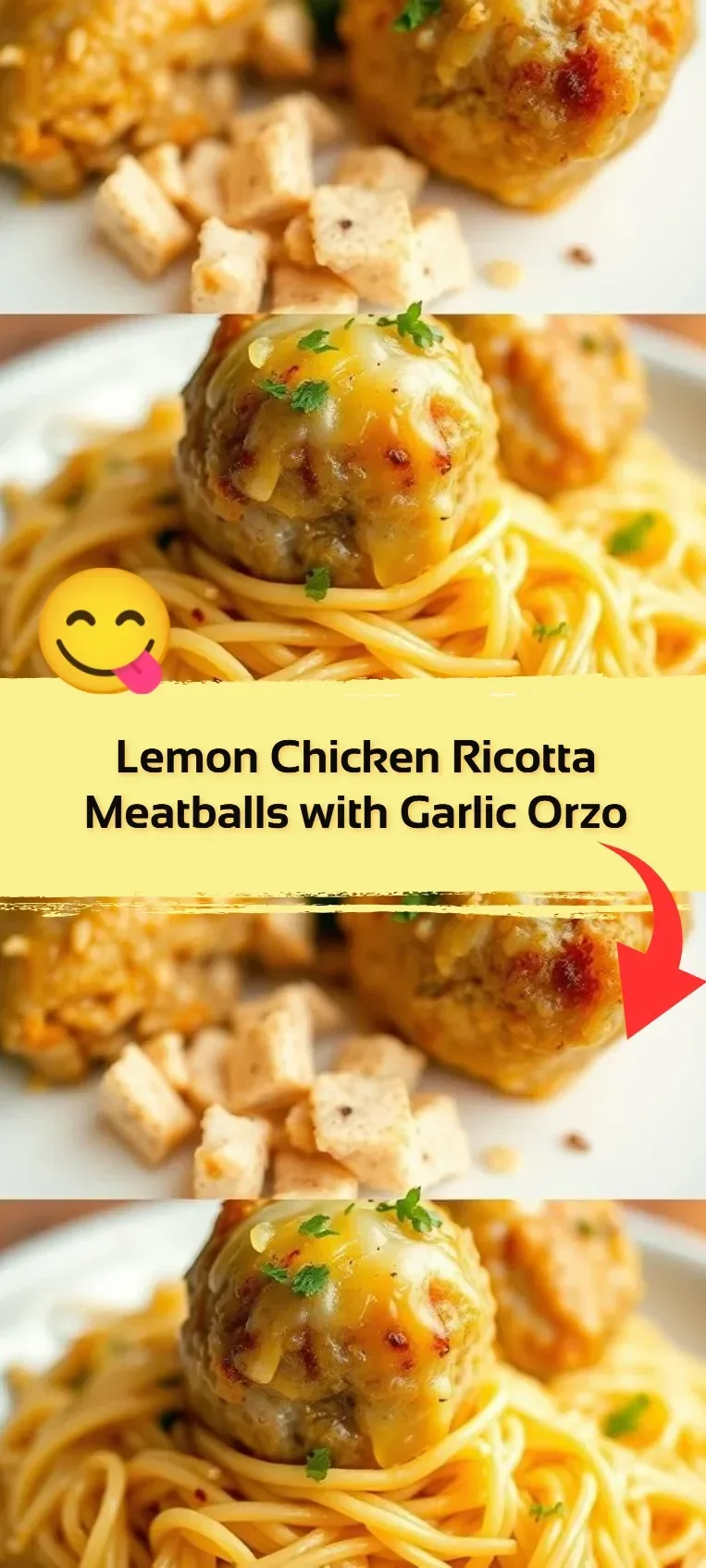 Delicious Lemon Chicken Ricotta Meatballs with garlic orzo on a plate