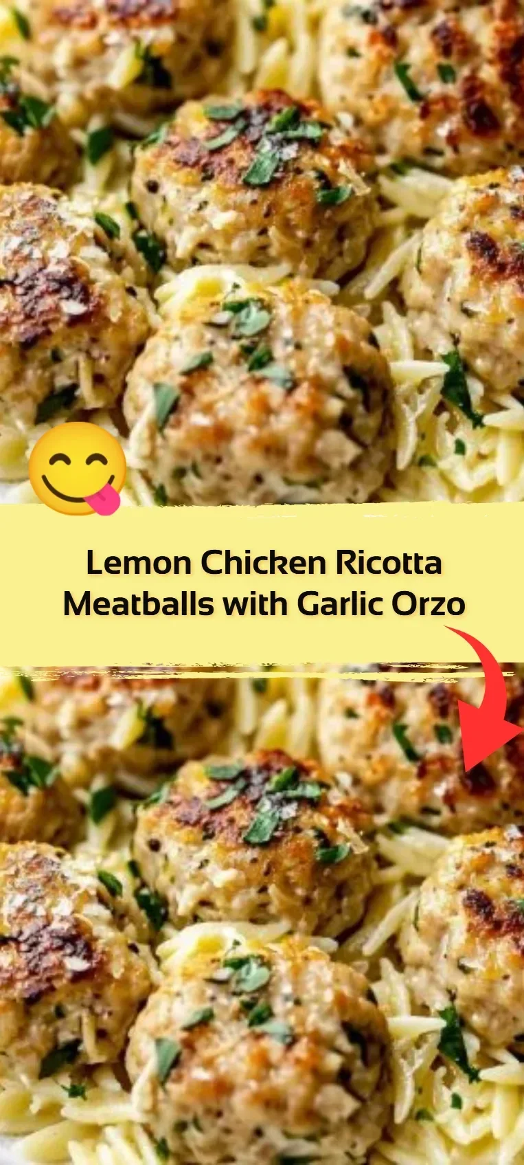 Lemon Chicken Ricotta Meatballs served with Garlic Orzo on a plate