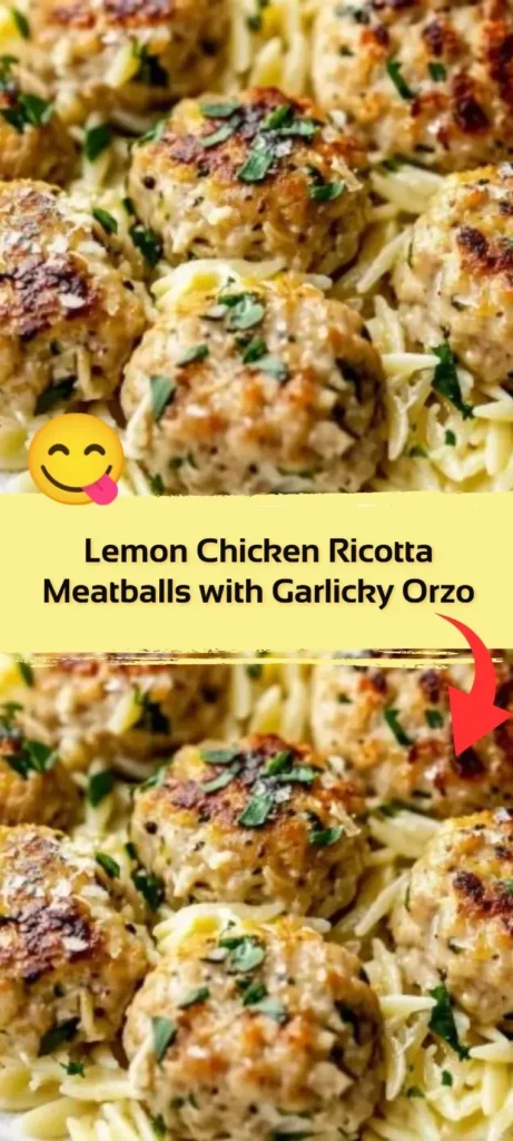 Lemon Chicken Ricotta Meatballs with garlicky orzo on a plate