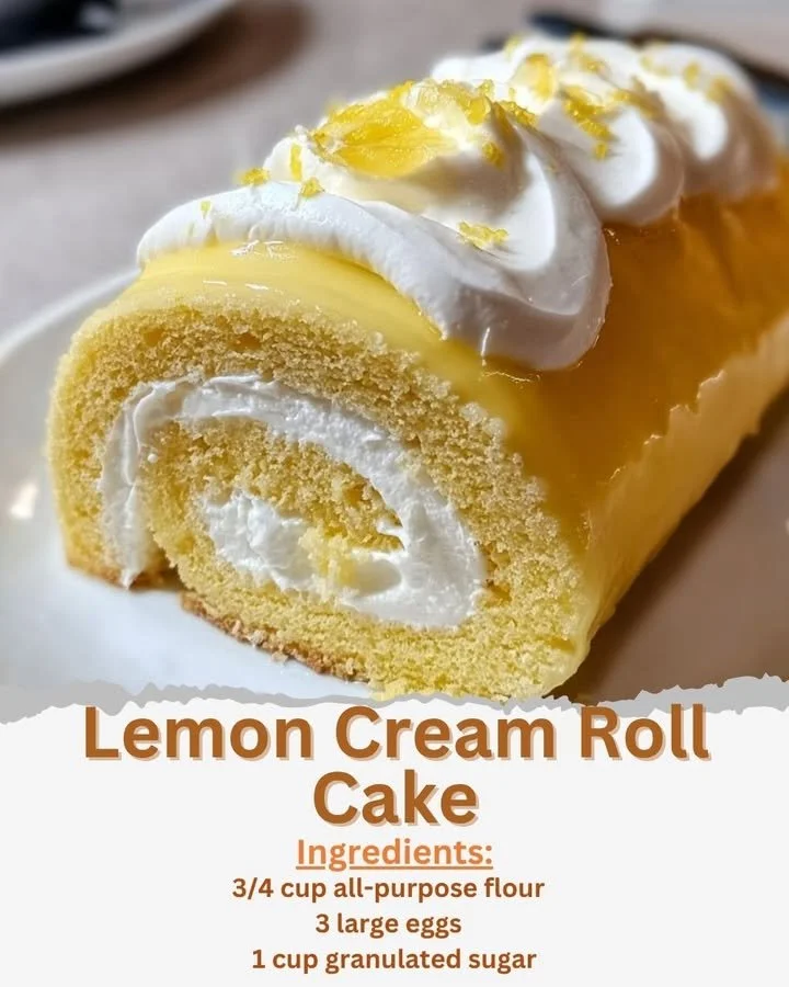 Lemon Cream Roll Cake topped with fresh lemon slices and whipped cream