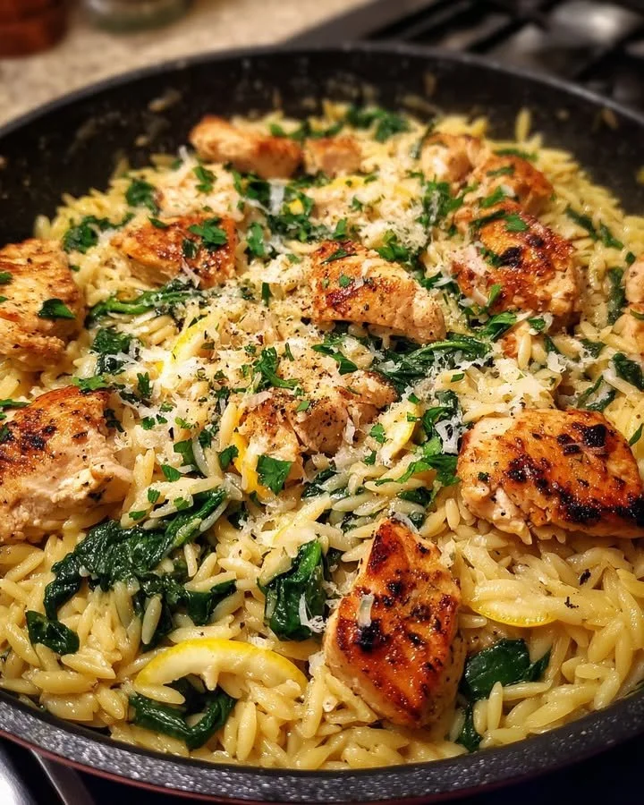 Lemon Garlic Chicken Orzo Skillet with Spinach in a skillet