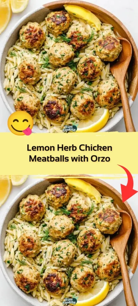 Plate of Lemon Herb Chicken Meatballs with Orzo