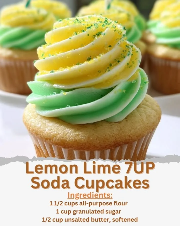 Lemon Lime 7UP Soda Cupcakes with frosting and sprinkles
