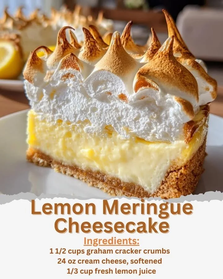 Slice of Lemon Meringue Cheesecake topped with whipped cream and lemon zest.