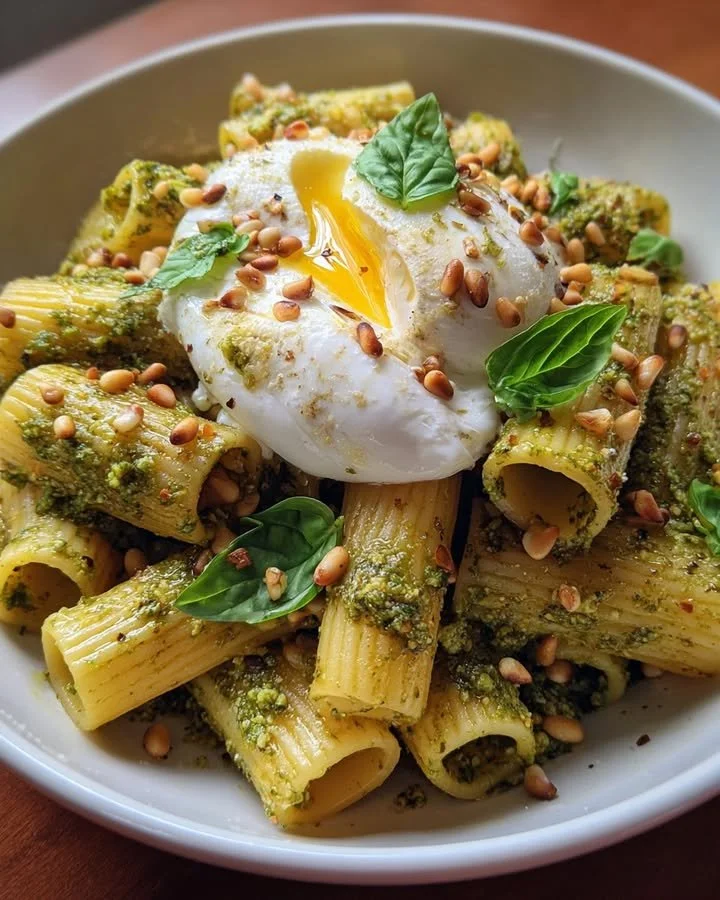 Creamy Lemon Pesto Rigatoni with Burrata and Roasted Pine Nuts