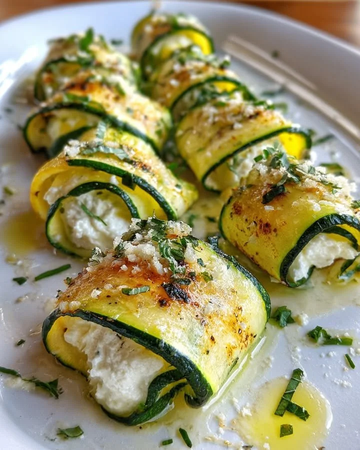 Lemon ricotta stuffed zucchini rollups served on a plate