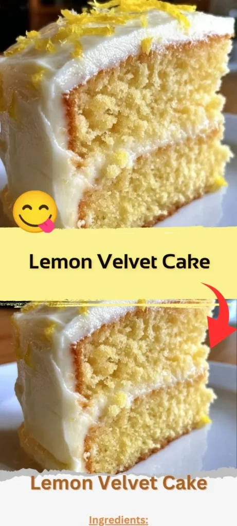 Delicious slice of Lemon Velvet Cake topped with lemon zest and frosting