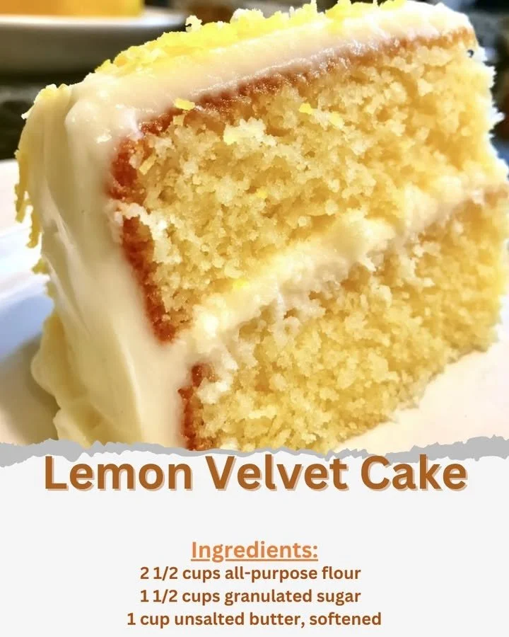 Deliciously moist Lemon Velvet Cake topped with creamy lemon frosting