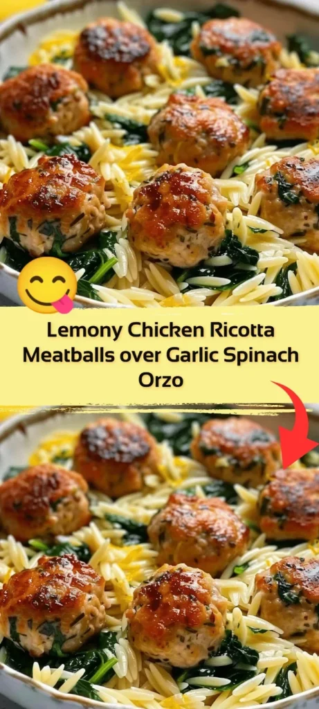 Plate of lemony chicken ricotta meatballs on garlic spinach orzo