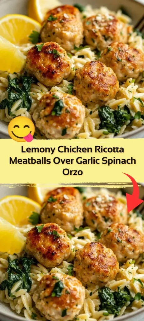 Lemony chicken ricotta meatballs with garlic spinach orzo on a plate.