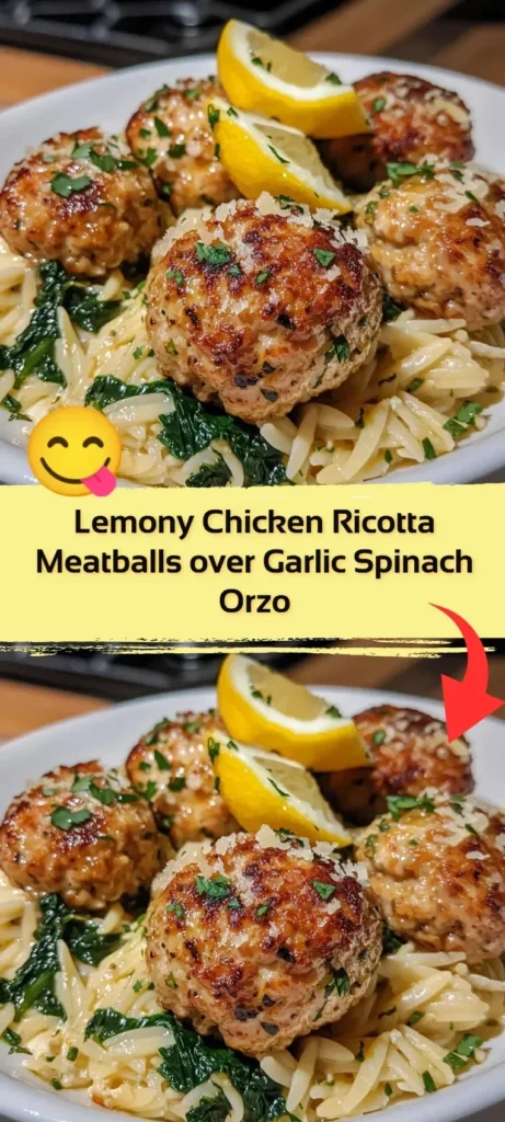 Delicious Lemony Chicken Ricotta Meatballs on garlic spinach orzo.