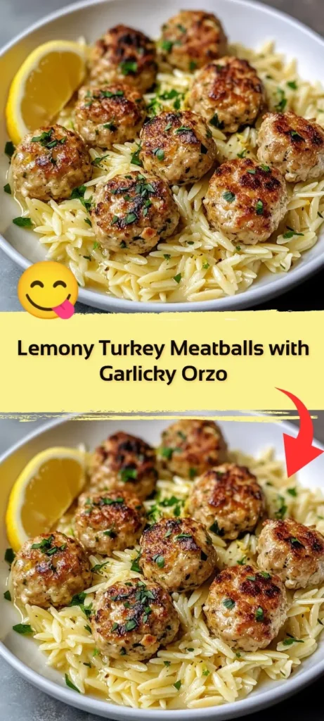 Lemony turkey meatballs served with garlicky orzo on a plate.
