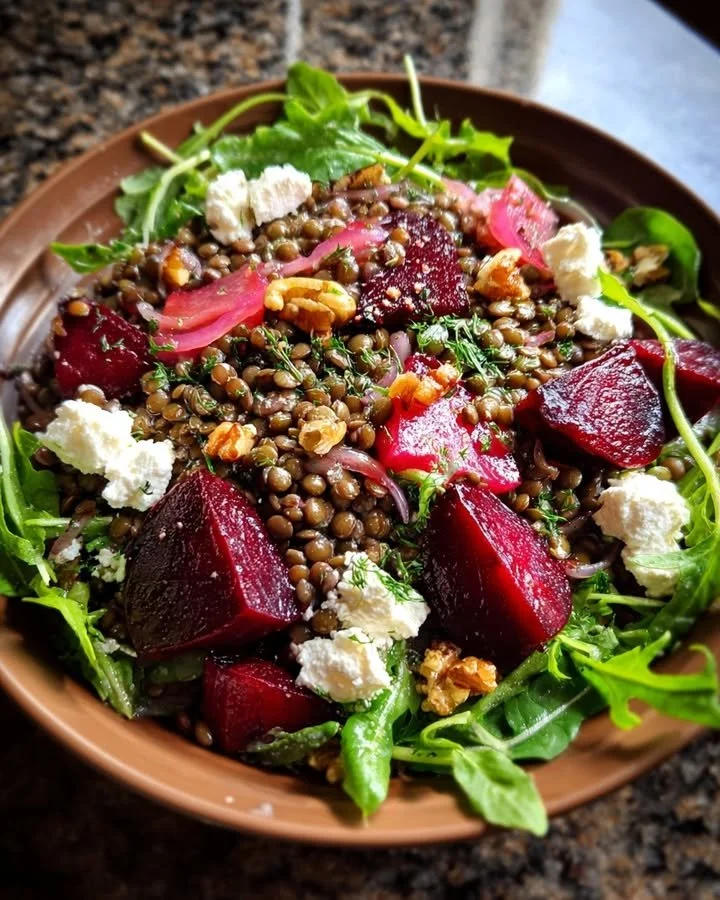 Lentil beet salad with lemon-herb dressing on a wooden table