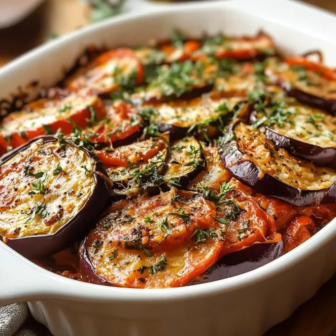 Delicious Light Eggplant Tomato Bake served in a dish