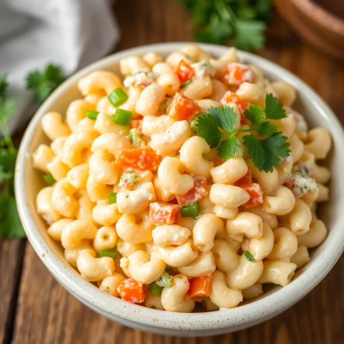 Delicious homemade macaroni salad with fresh vegetables and creamy dressing