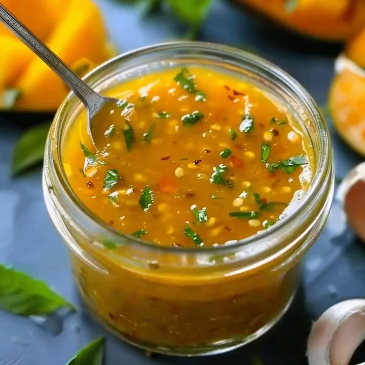 Bottle of Mango Habanero Honey Garlic Sauce on a wooden table