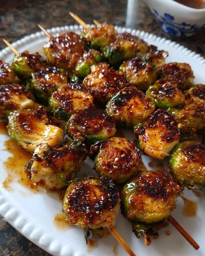 Maple-glazed Brussels sprout skewers on a grill, showcasing a tasty vegetable dish.