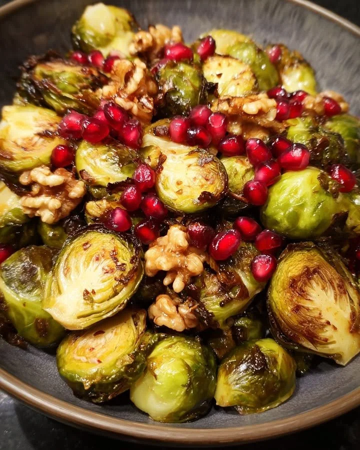 Maple-glazed Brussels sprouts with pomegranate seeds served in a bowl