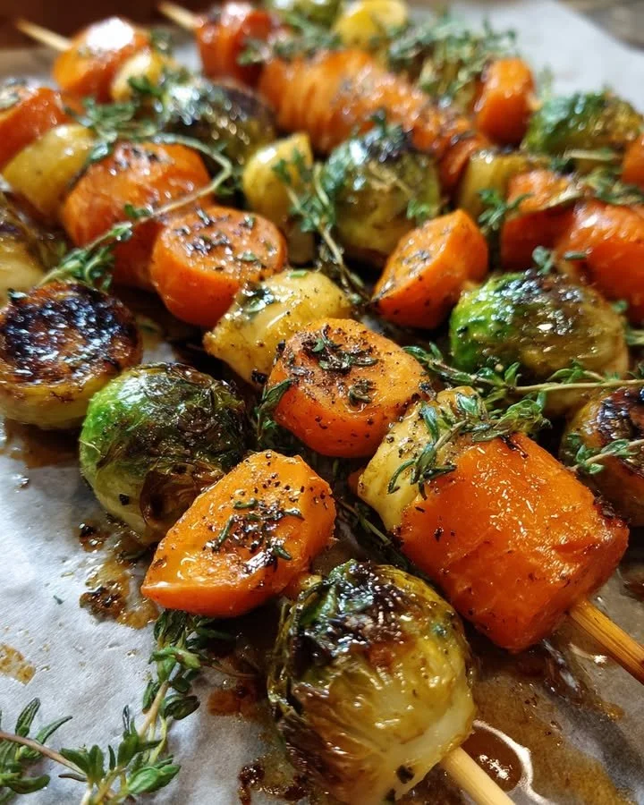 Maple-roasted skewers with baby carrots and Brussels sprouts on a grill.