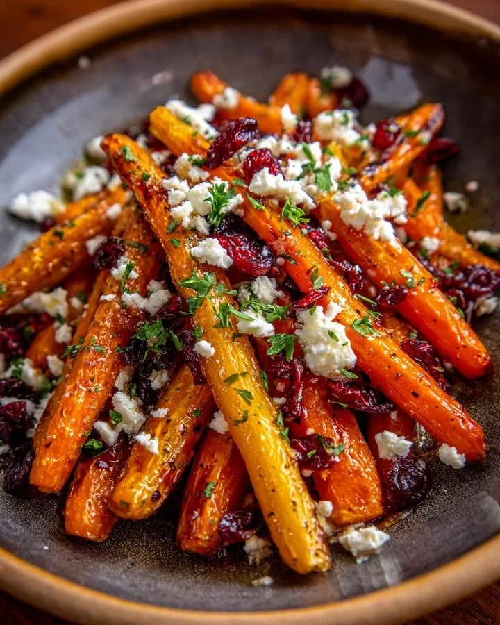 Maple roasted carrots topped with feta cheese and cranberry drizzle on a plate.