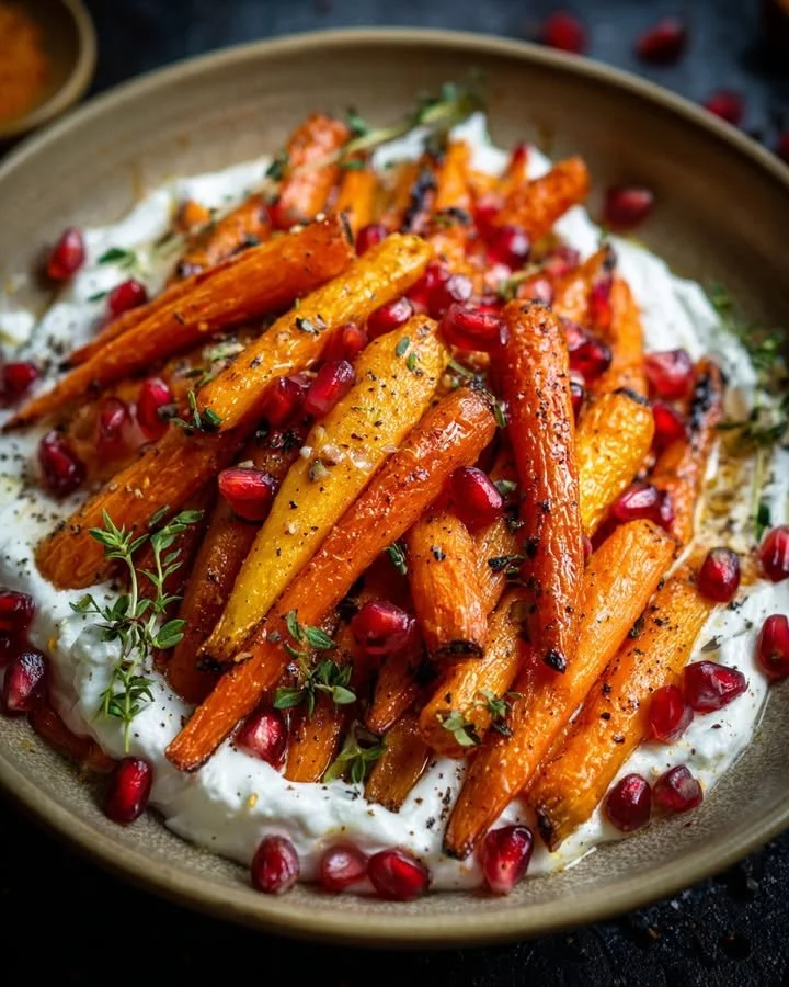 Maple Roasted Carrots with Whipped Ricotta and Pomegranate garnish