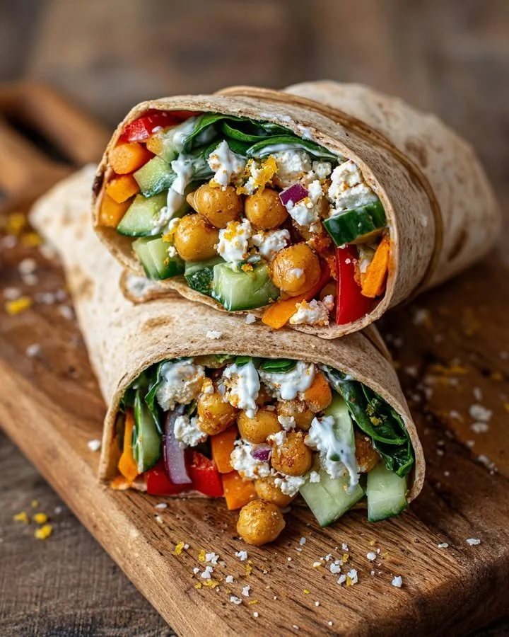 Mediterranean chickpea wrap with goat cheese, veggies, and lemon yogurt