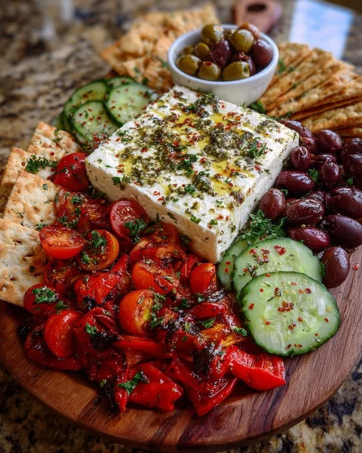 A beautiful Mediterranean feta board featuring feta cheese, olives, and fresh herbs.