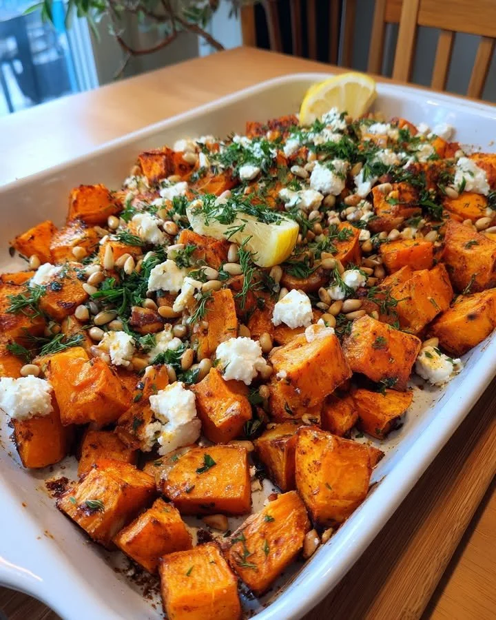 Mediterranean roast sweet potatoes garnished with zesty feta and lemon.