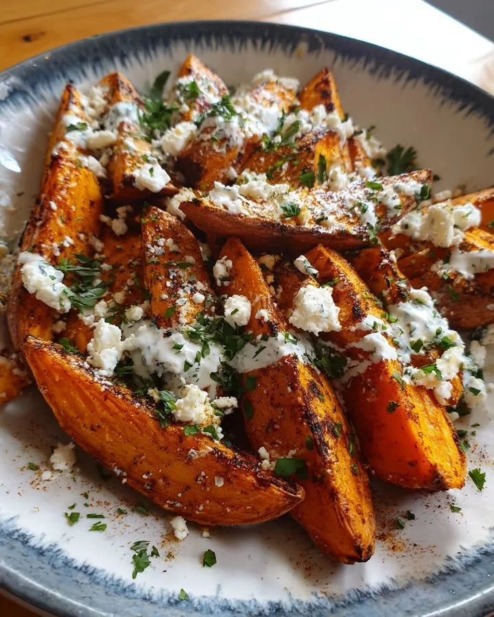 Mediterranean sweet potato wedges with feta and lemon dressing on a plate
