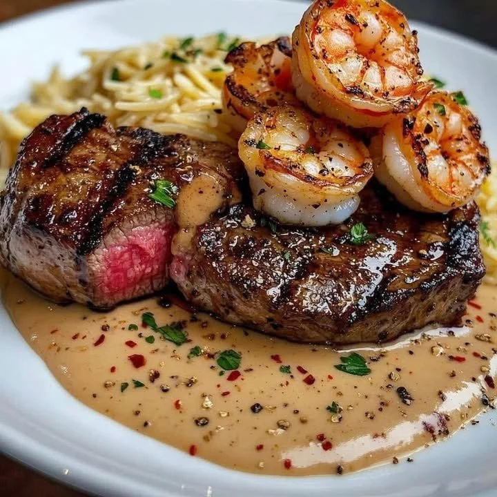Delicious medium-rare steak served with grilled shrimp, herbed orzo, and peppercorn sauce.