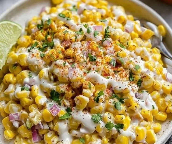 Bowl of colorful Mexican street corn salad with toppings