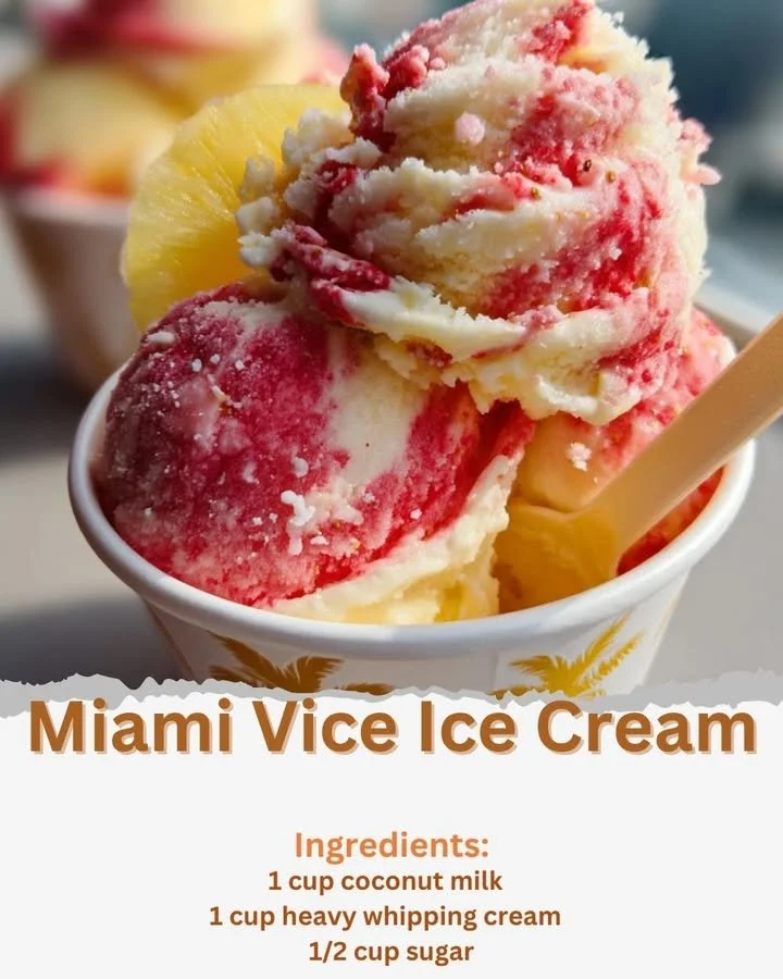 A vibrant bowl of Miami Vice ice cream featuring tropical flavors inspired by Miami.