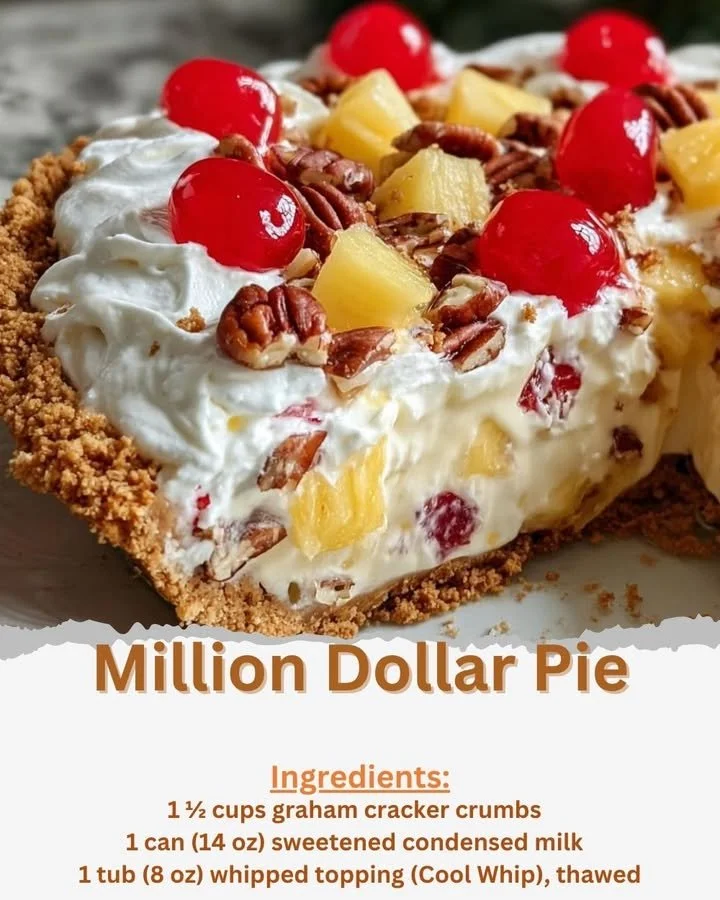 Slice of delicious Million Dollar Pie topped with whipped cream and nuts