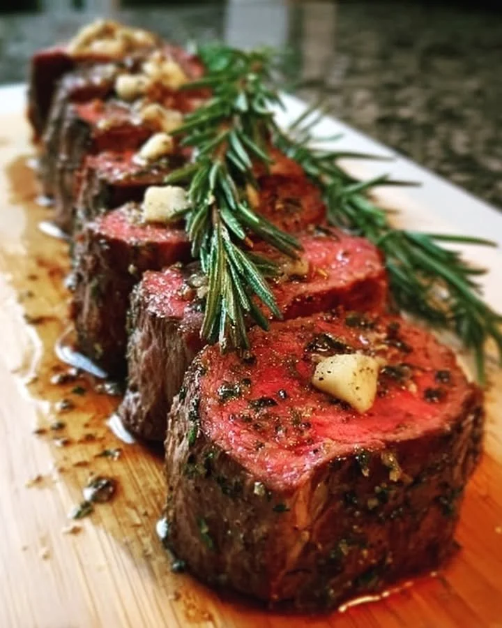 Juicy Million Dollar Roast Beef Tenderloin garnished with herbs and spices.
