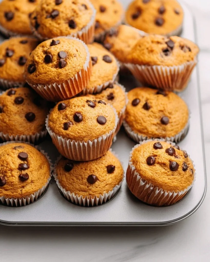 Delicious mini chocolate chip pumpkin muffins on a wooden table.