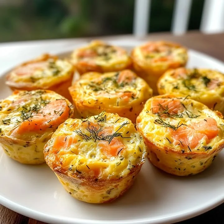 Baked mini crustless quiches served on a plate with fresh herbs