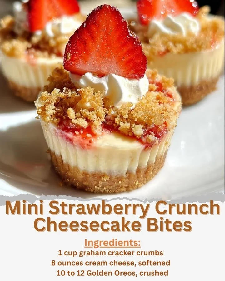 Mini strawberry crunch cheesecake bites dessert on a platter