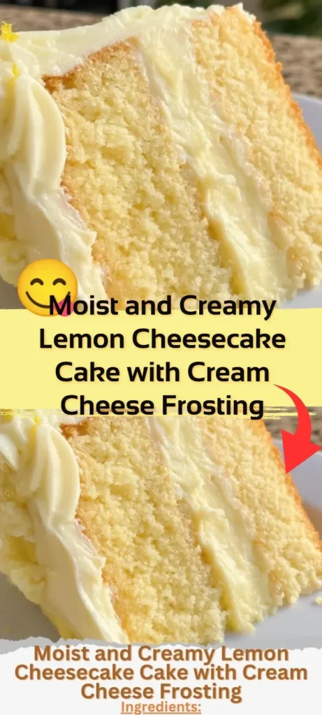 Moist and creamy lemon cheesecake cake with cream cheese frosting on a plate