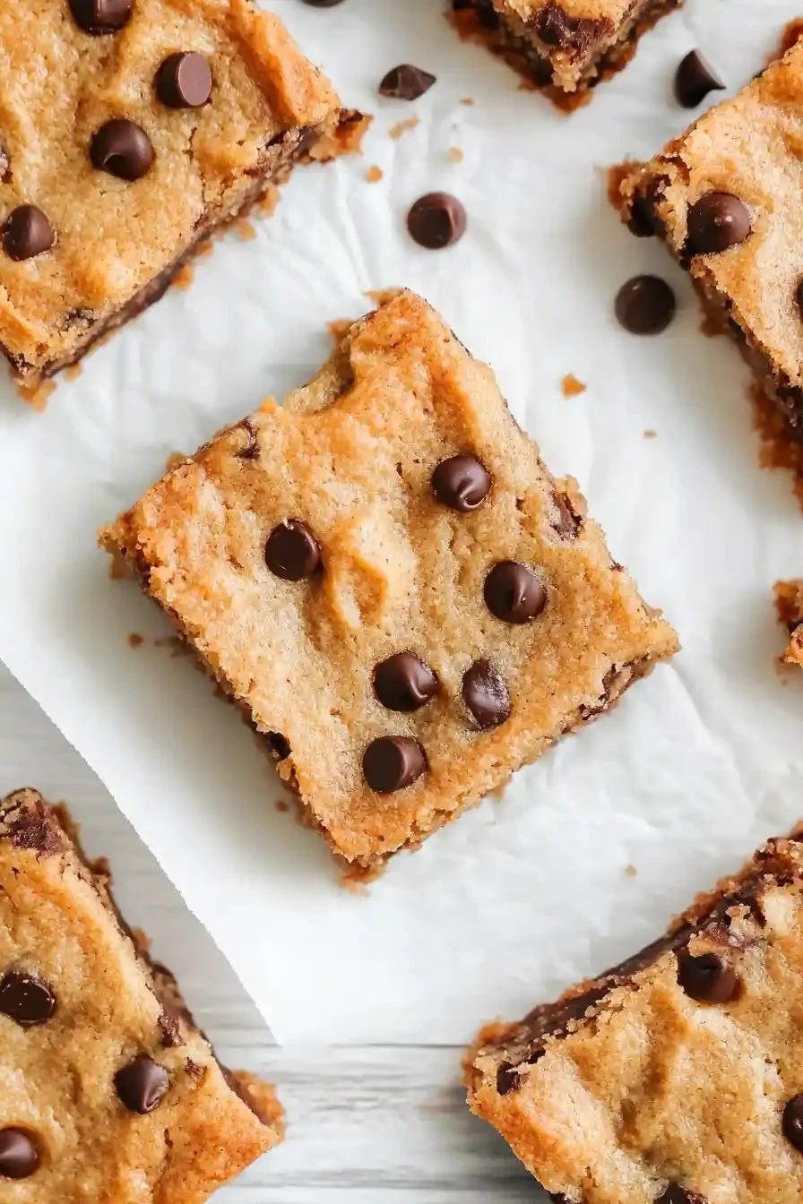 Freshly baked moist banana bread blondies stacked on a plate.