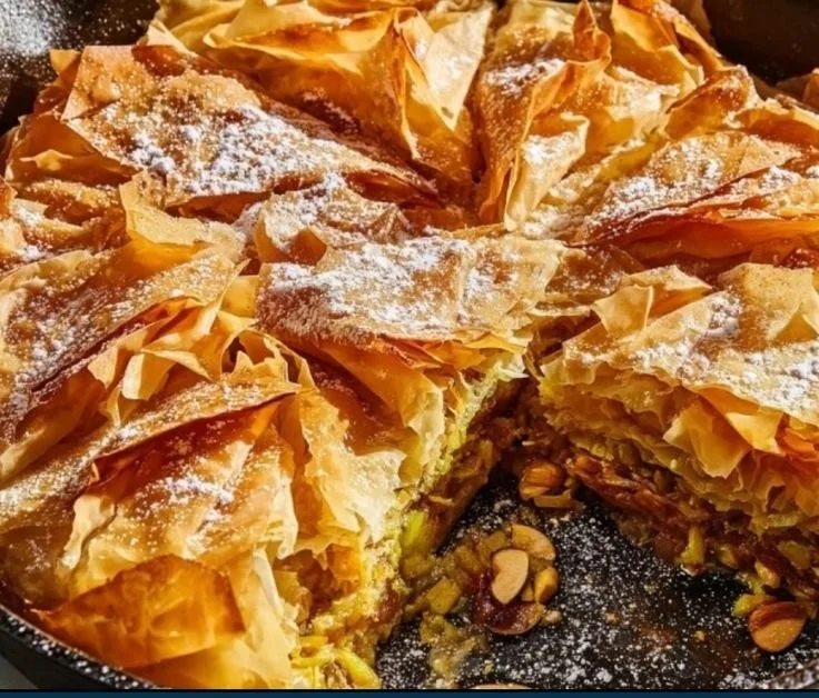 Delicious Moroccan Chicken Pie garnished with spices and fresh herbs.