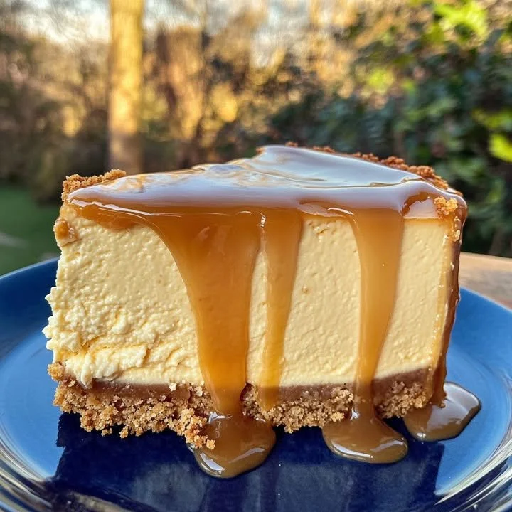 A slice of New York style cheesecake with a pound cake center on a plate