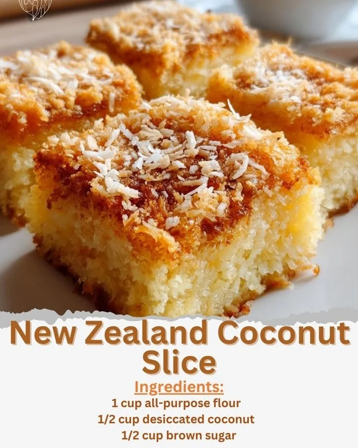 New Zealand Coconut Slice dessert with coconut flakes on top