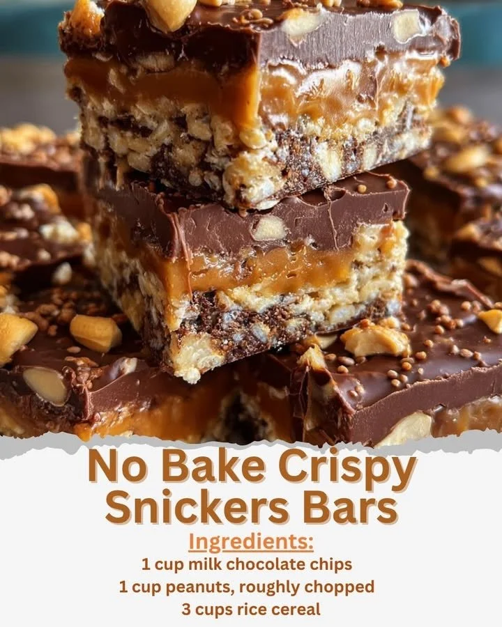 Delicious No Bake Crispy Snickers Bars with chocolate and peanuts