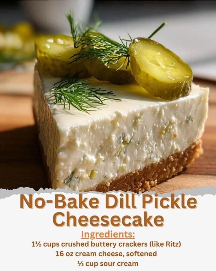 No-Bake Dill Pickle Cheesecake topped with dill and pickles