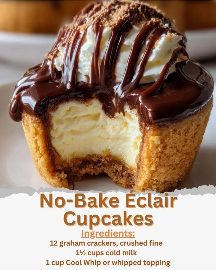 Delicious no-bake éclair cupcakes topped with creamy chocolate frosting