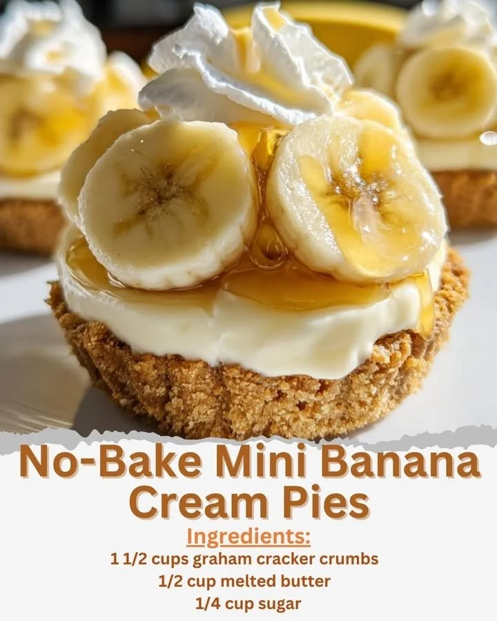Delicious no-bake mini banana cream pies topped with whipped cream and slices of banana.
