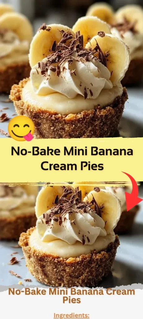 No-bake mini banana cream pies topped with whipped cream and bananas