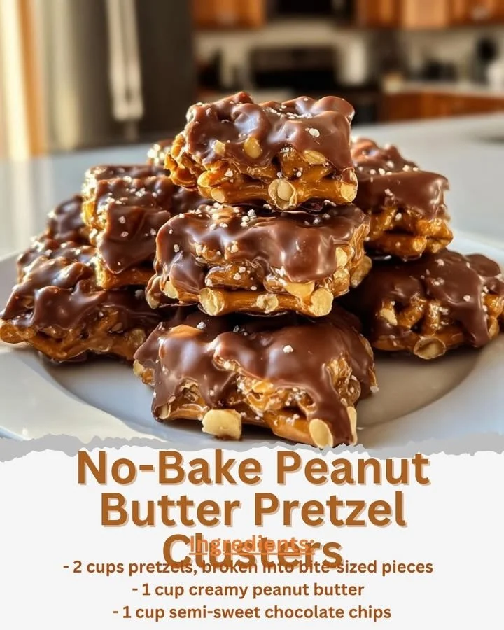 No-bake peanut butter pretzel clusters stacked on a plate, drizzled with chocolate.