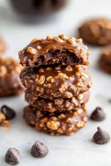 Delicious no-bake salted caramel cookies stacked on a plate