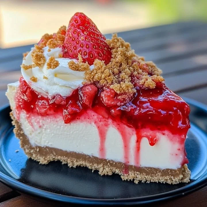 Delicious no-bake strawberry cheesecake with fresh strawberries on top